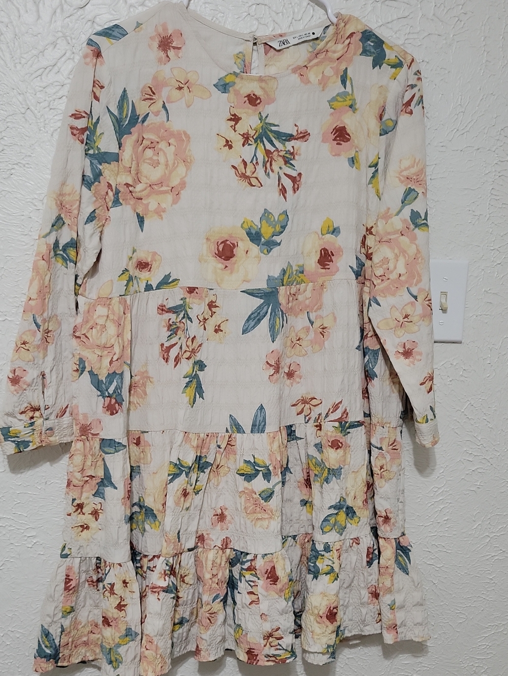 Zara Girls Cream Floral Tiered Long-Sleeve Dress